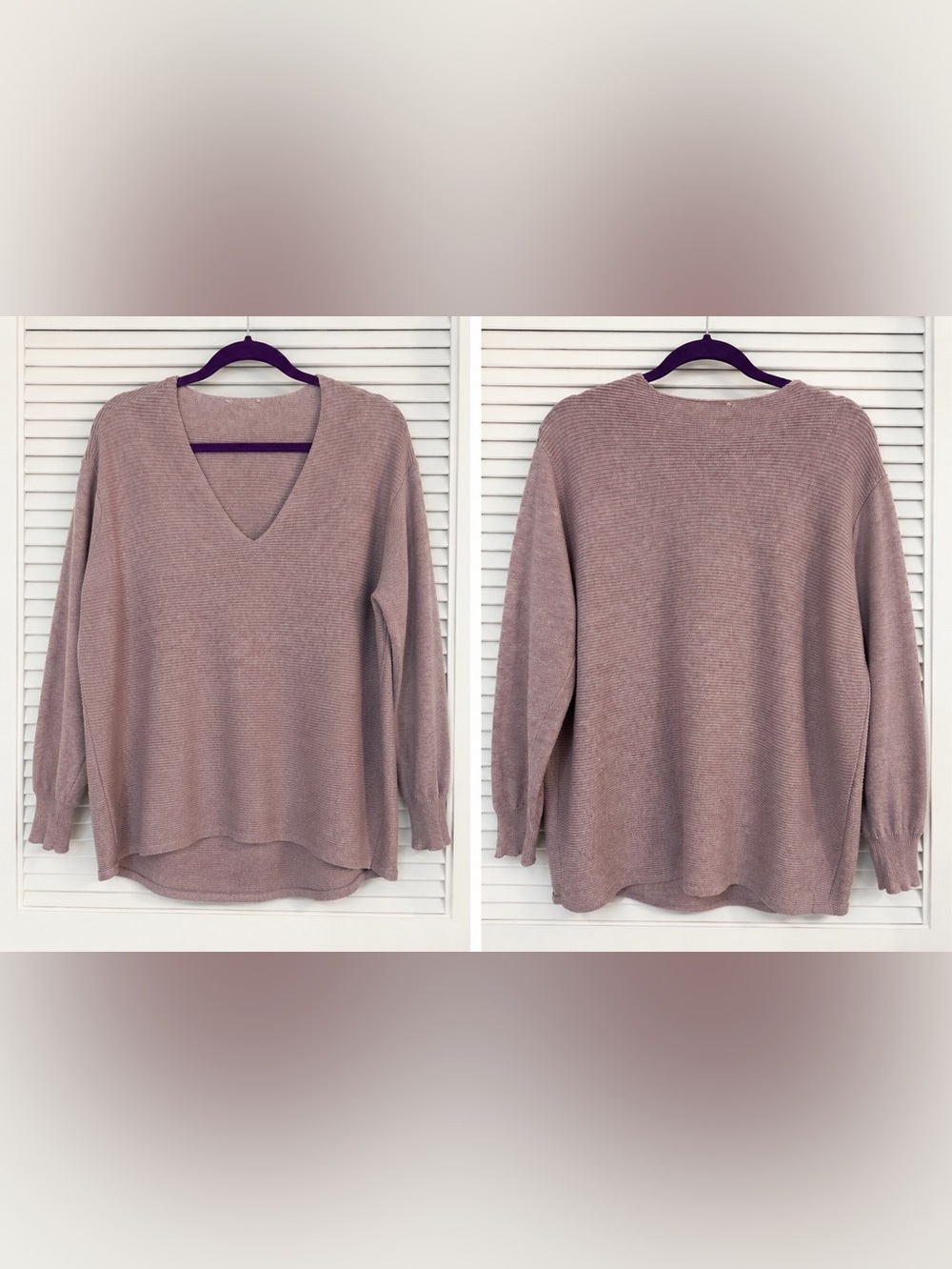 Boutique Mauve Purple Ribbed V-Neck Sweater Size Large